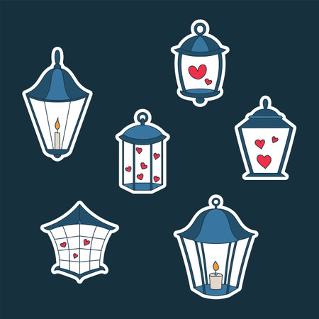 Lantern stickers icon set. Cute cartoon lanterns with candle and hearts.のイラスト素材