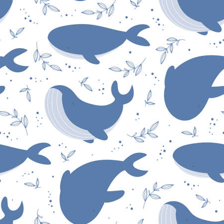 Seamless pattern with blue whales on white.のイラスト素材