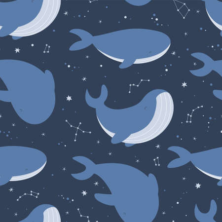 Cute seamless pattern with whales and constellations.のイラスト素材