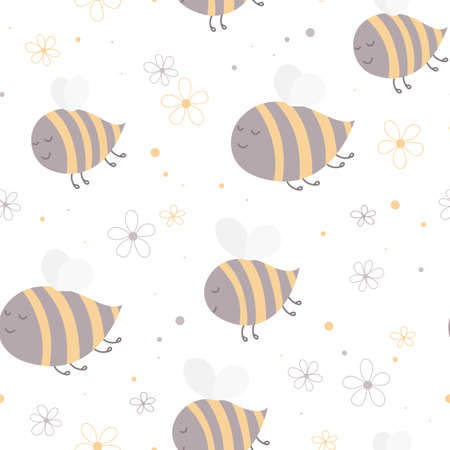 Seamless pattern with flying bees. Cartoon bees and flowers on white background for kids.のイラスト素材