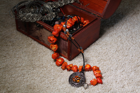 casket with amber jeweleryの写真素材