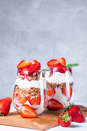 Healthy breakfast of strawberry parfaits made with fresh strawberry, yogurt and muesli in glasses.の写真素材