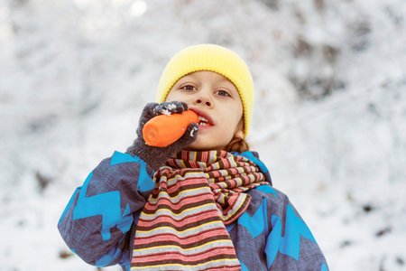 Little boy enjoy outdoors on the snow. Boy in warm clothing bites a carrot off a snowmans nose.の写真素材