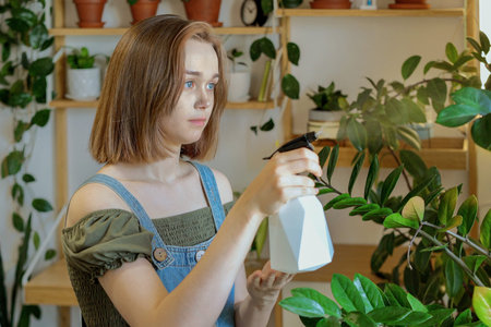 A young woman takes care of her houseplants tenderly by spraying them. She is looking disease, caring about her plants. Home gardening, hobby concept.の写真素材