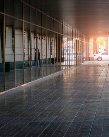 Street path with reflection wall. White car at the exit. Selective focus. Copy space for textの写真素材