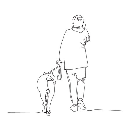 Woman with dog walking and talking on the phone. Lineart style.のイラスト素材