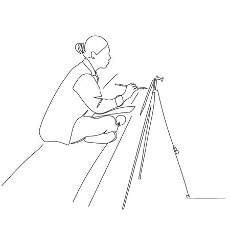 Woman painting on easel. Side view Paiting process. Vector illustration in line art styleのイラスト素材