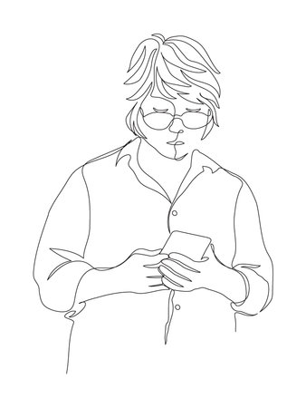 Cropped woman in glasses using smart phone. Continuous line drawing. Black and white vector...