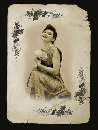 Portrait of the girl with a bouquet executed in style of a retro-card