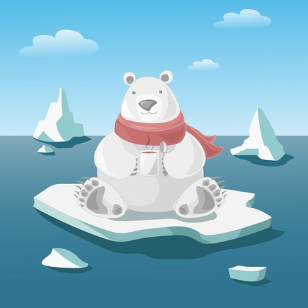 Polar bear on floe holds a mug with hot coffeeのイラスト素材