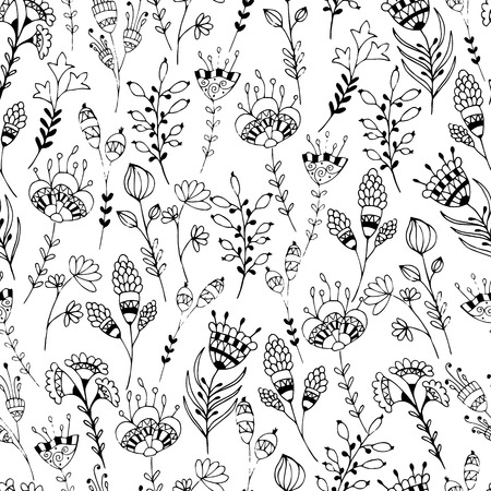 Seamless black and white floral pattern. Hand drawing doodle.のイラスト素材