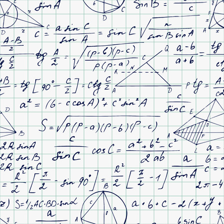 Seamless geometric pattern with trigonometry formulas on a notebook sheet. Hand drawn. Vector illustrationのイラスト素材