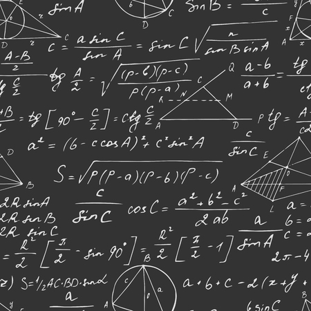 Seamless geometric pattern with trigonometry formulas on a blackboard. Hand drawn. Vector illustrationのイラスト素材