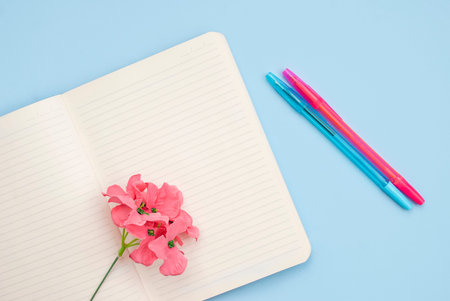 Concept workplace. White open notebook for notes, ballpoint pen, pink flower on a blue background,...