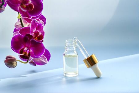 Cosmetic oil, transparent bottle with a dropper, pink orchid, light blue background. Place for text. Skin careの写真素材