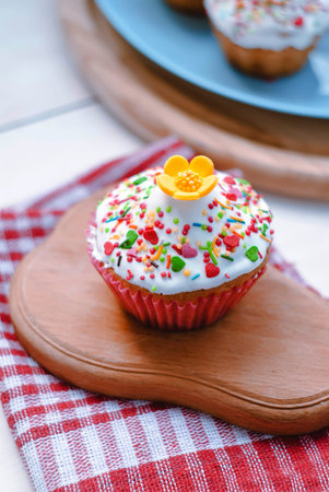 Homemade festive decorated cupcakes close-up. Dessert.