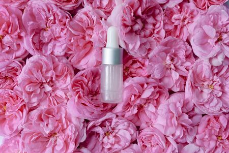 A bottle of skin care products lies in pink budsの写真素材