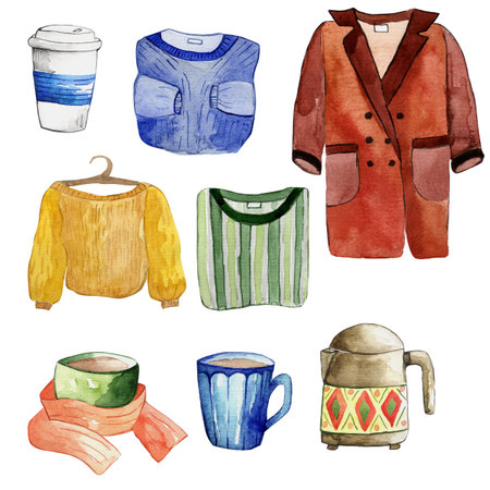 Watercolor autumn set of fashionable clothes and items on a white background. Isolateの写真素材