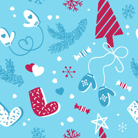 New Year and Christmas pattern with winter holiday symbols. Vector illustration.のイラスト素材