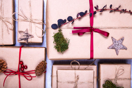 Classy Christmas gifts box presents with decoration. Winter composition.