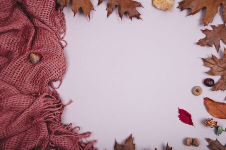 Autumn backdrop - frame composed of brown autumn dry leaves with plaid over beige colorの写真素材