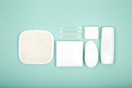Beauty and spa concept. Flat lay composition with cosmetic products on color backgroundの写真素材