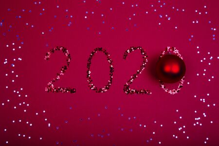 Christmas, New Year composition. Glittered red number 2020 with . Copy space. Backgroungの写真素材