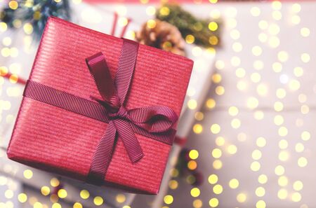 Classy Christmas gifts box presents on brown paper. Zero waste giftsの写真素材