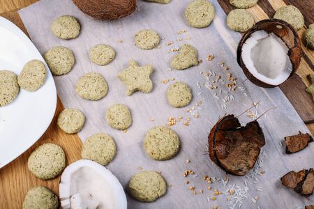 Shortbread biscuits with green tea matcha and coconut. Homemade buscuitの写真素材