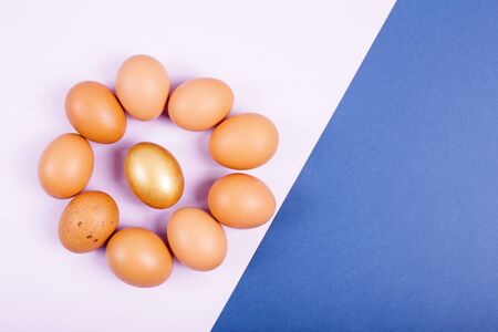 Easter eggs on color background. Space for textの写真素材