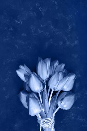 Toned classic blue tulip flowers bouquet. Easter day background. March 8, International Womens Day, Birthday, Valentines Day or Mothers dayの写真素材