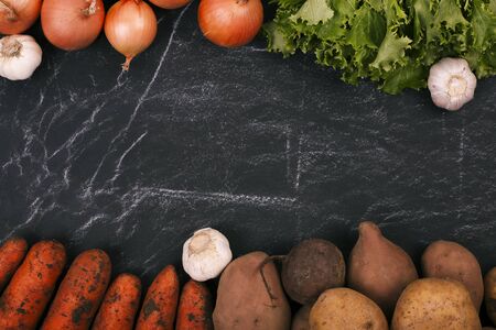 Assortment of fresh vegetables from the garden. Copy space, flat lay.の写真素材