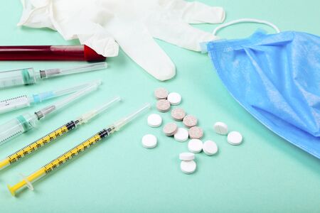 Medicines and protective masks. Coronavirus 2019-nCoV, MERS-Cov middle East respiratory syndrome coronavirus.の写真素材