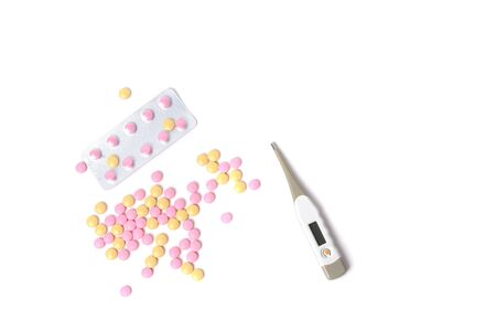 medicines, protective mask, thermometer, hand isolated on white backgroundの写真素材