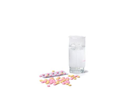 medicines, protective mask, thermometer, hand isolated on white backgroundの写真素材