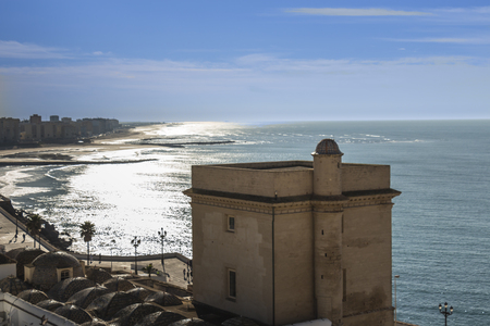 Cadiz, Spain - Dec 2018: Aerial view of Torre del Sagrario towards Bay of Cadizのeditorial素材