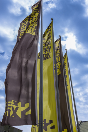 Kaohsiung, Taiwan - Feb 2019: Flags at Lane 16, Lainan Street at Pier-2 Art Centerのeditorial素材