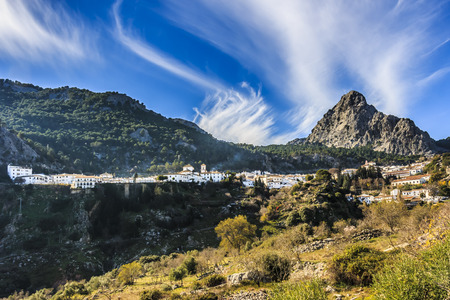 Landscape view of Grazalema village in the foothills of the Sierra del Pinar mountain rangeの写真素材