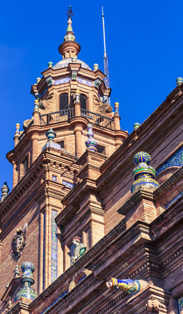 Seville, Spain - Dec 2018: Bottom up view of the left tower of the main central building at Spain Squareのeditorial素材