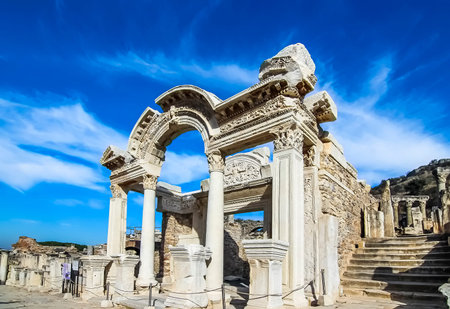 Reconstructed Temple of Hadrian in Ephesus, with key stone in placed and goddess of fortune in the...