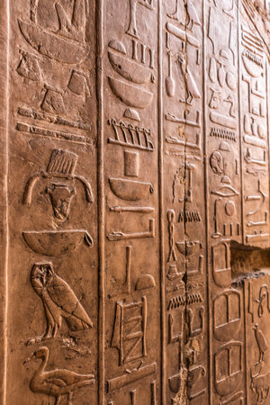 Detailed Egyptian hieroglyphs inside the Mortuary Temple of Hatshepsut