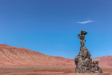 Turpan, Xinjiang, China - 11th July 2014: Bronze statue of The Monkey King, known as Sun Wukong at the Flaming Mountainsのeditorial素材