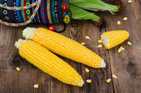 Cobs of ripe raw corn laid on dark wood textured table. Fresh uncooked maize cob. Grains of ripe corn. Background, top view, close up, flat lay, copy space.の写真素材