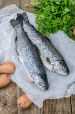 Raw peeled trout with potatoes and parsley on the rustic wooden table. Fresh fish wapped in parchment paper and vegetables and parsley on wooden background. Tasty fishes preparing for lunch.の写真素材