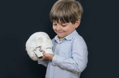 Little boy is looking on gypsum skull. Smart and tidy child on training in a striped shirt. Early childhood education for serious kids.の写真素材