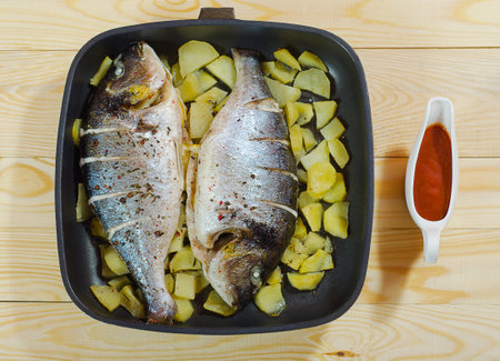 Two baked fish with pieces of potato in a square pan on wooden table. Healthy seafood that gives a...