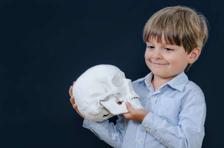 Little boy holding a skull and looking away. Smart and tidy child on training in a striped shirt. Early childhood education for serious kids. Free space to write note.の写真素材