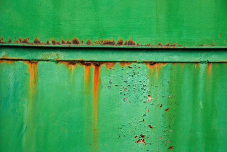 Aged painted metal texture with rust is a complex and intriguing sight. Metal is weathered and corroded, with flakes of rust peeling off. Contrast between rough, metal and old rust is striking.の写真素材