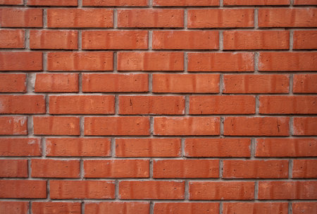 Strong fence wall from modern red bricks with small seam. Modern quality reliable construction. The outdoor wall of the house or a high fence.の写真素材