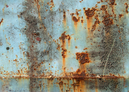 Aged painted metal texture with rust is a complex and intriguing sight. Metal is weathered and corroded, with flakes of rust peeling off. Contrast between rough, metal and old rust is striking.の写真素材